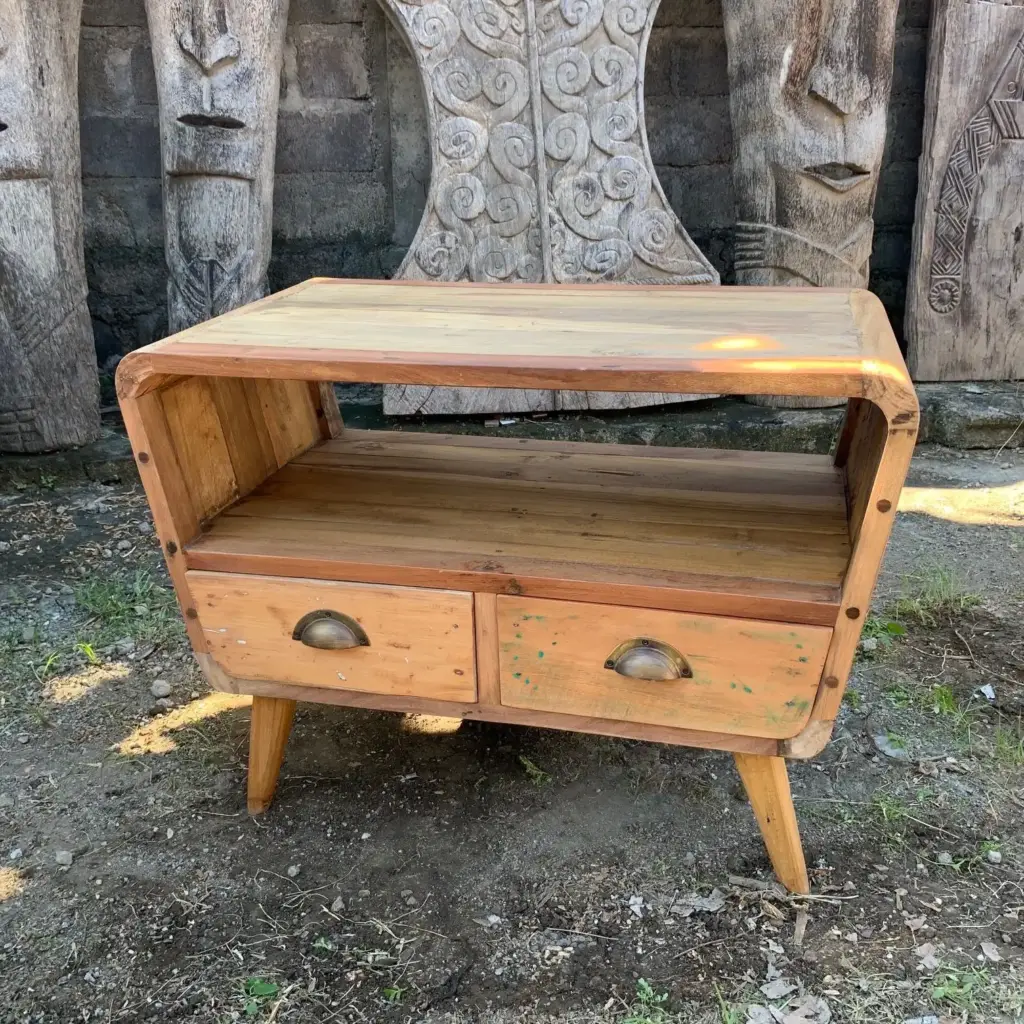 Small TV Stand with 2 Draws Round – Recycled Wood | www.artisangoods.co.uk