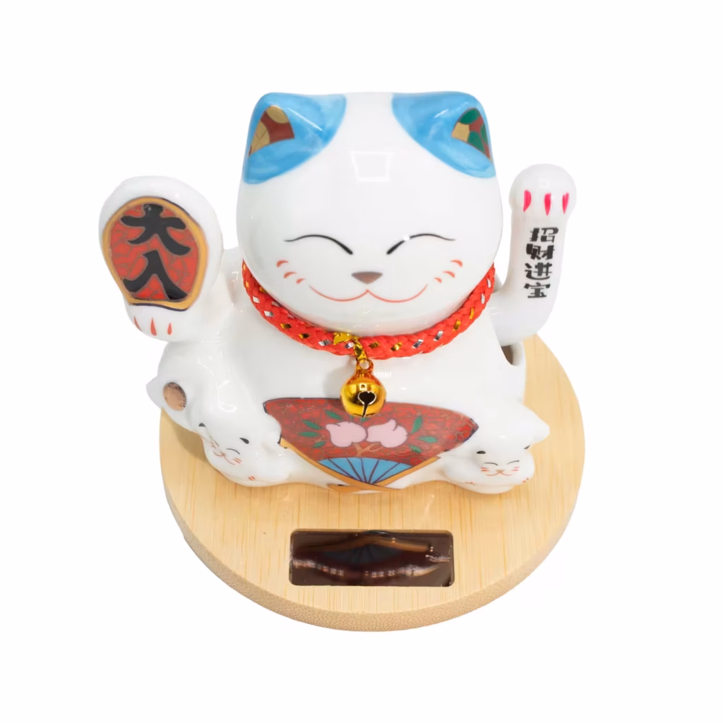 Solar Money Cat Wooden Base  – Blue moving Hand | www.artisangoods.co.uk