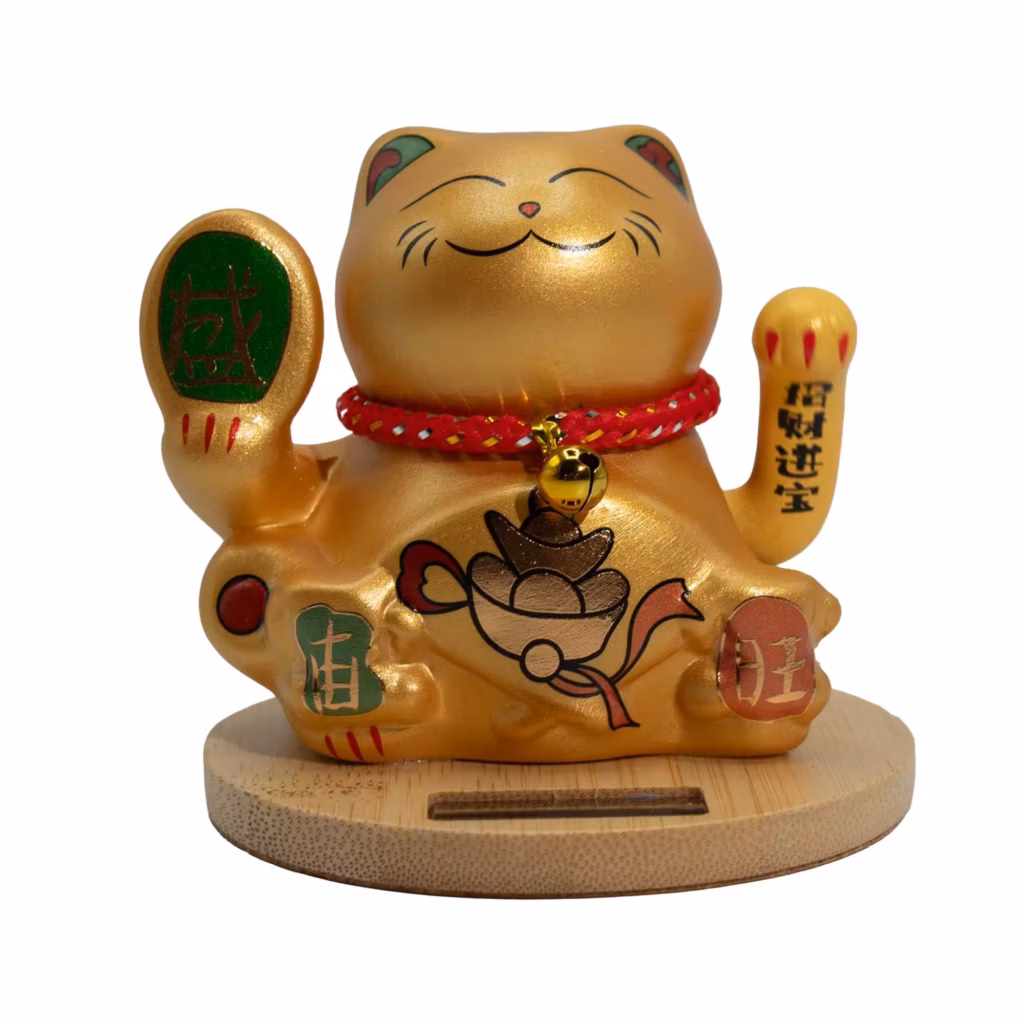 Solar Money Cat Wooden Base  – Gold moving Hand | www.artisangoods.co.uk 2