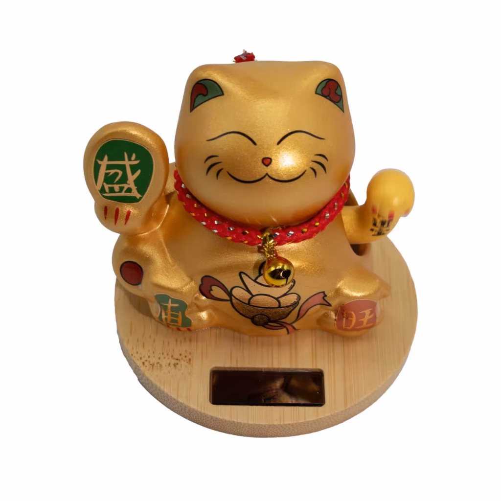 Solar Money Cat Wooden Base  – Gold moving Hand | www.artisangoods.co.uk
