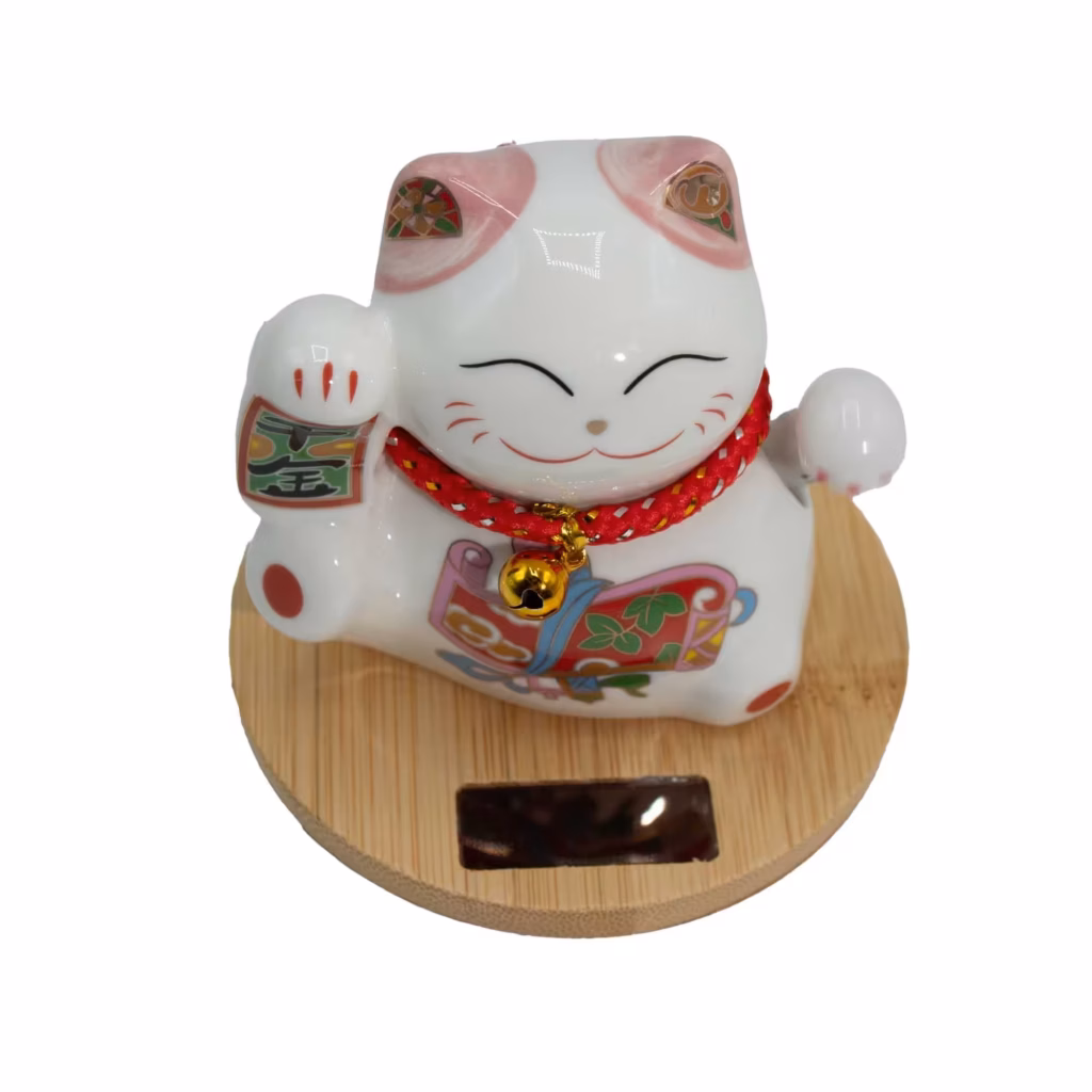 Solar Money Cat Wooden Base  – Pink moving Hand | www.artisangoods.co.uk 2
