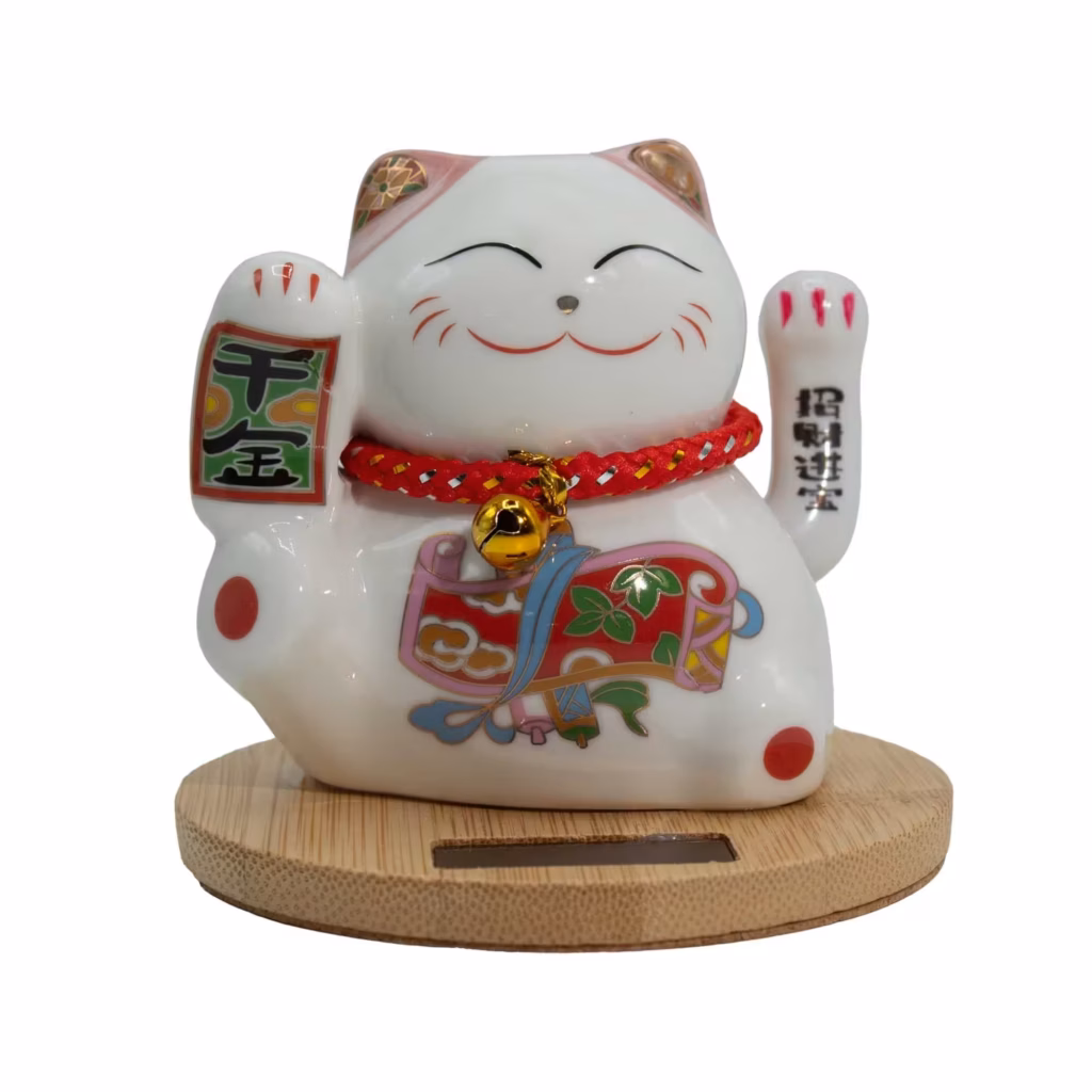 Solar Money Cat Wooden Base  – Pink moving Hand | www.artisangoods.co.uk