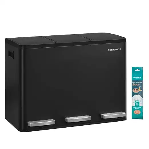 SONGMICS 3 x 15 L Kitchen Waste Bin, Triple Compartment Recycling Bin