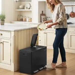 SONGMICS 3 x 15 L Kitchen Waste Bin, Triple Compartment Recycling Bin