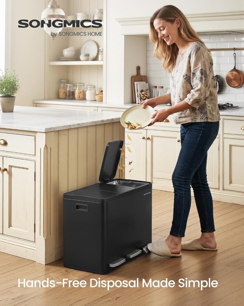 SONGMICS 3 x 15 L Kitchen Waste Bin, Triple Compartment Recycling Bin