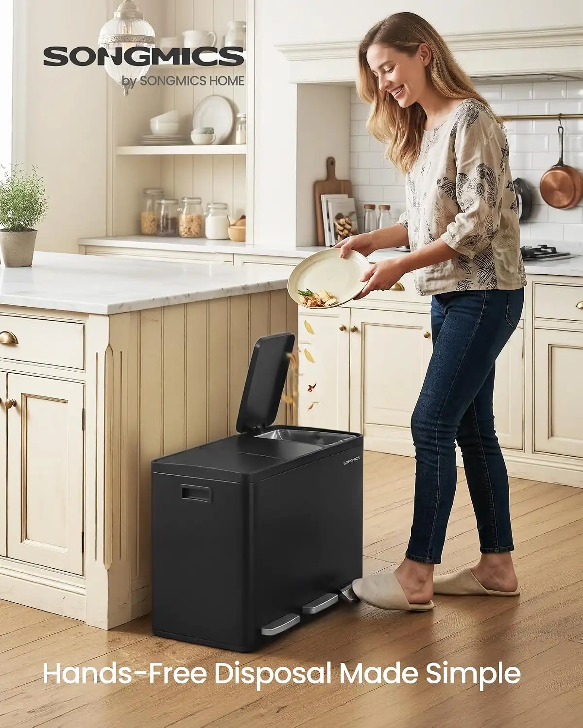 SONGMICS 3 x 15 L Kitchen Waste Bin, Triple Compartment Recycling Bin