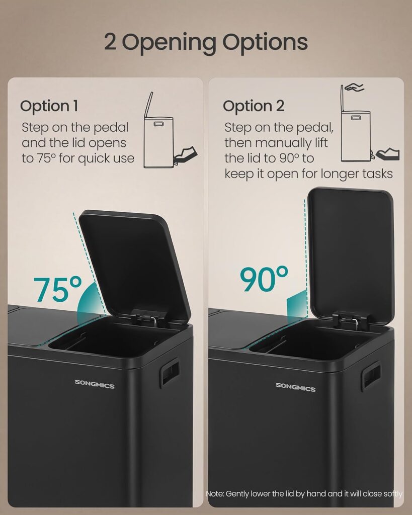 SONGMICS 3 x 15 L Kitchen Waste Bin, Triple Compartment Recycling Bin