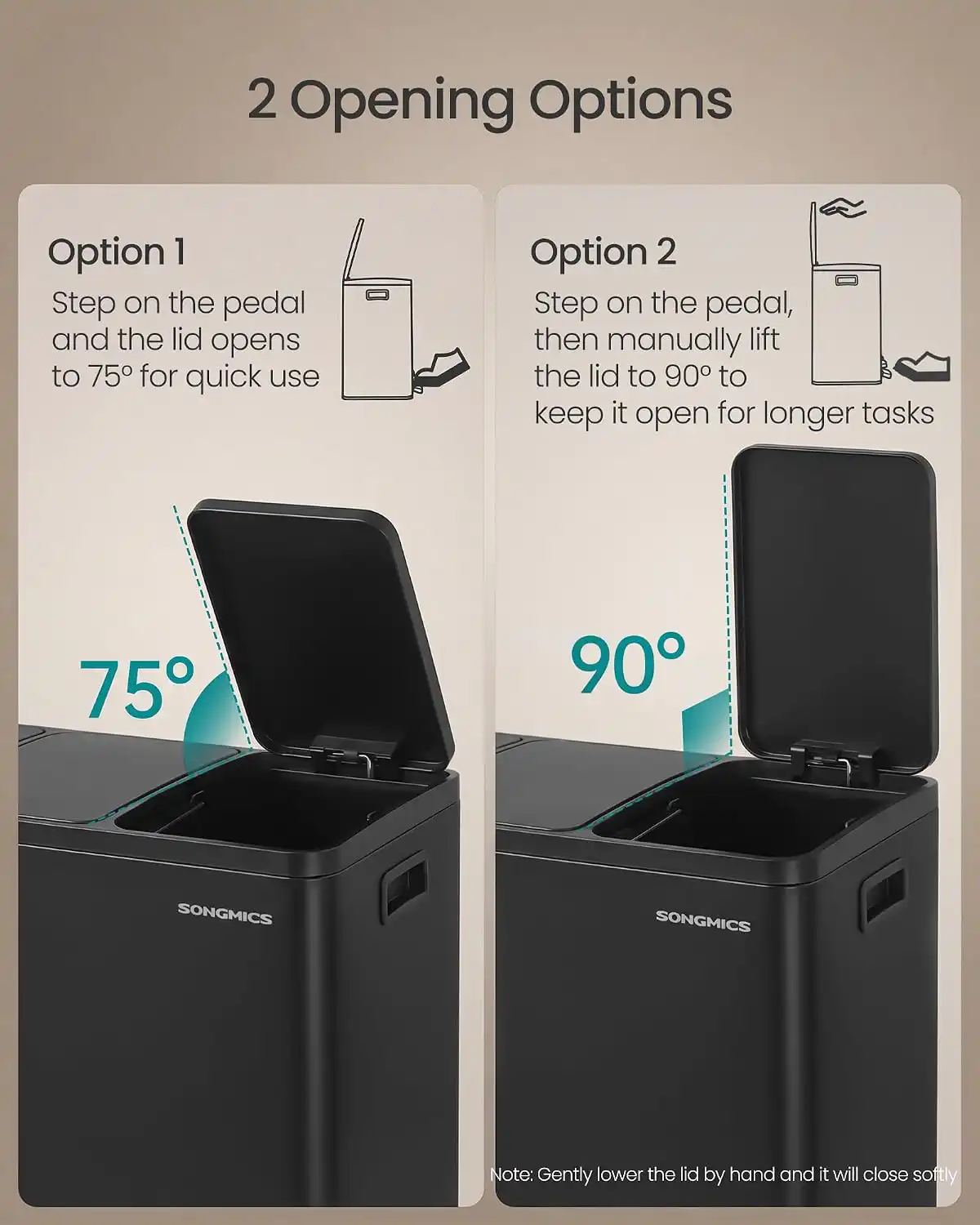 SONGMICS 3 x 15 L Kitchen Waste Bin, Triple Compartment Recycling Bin