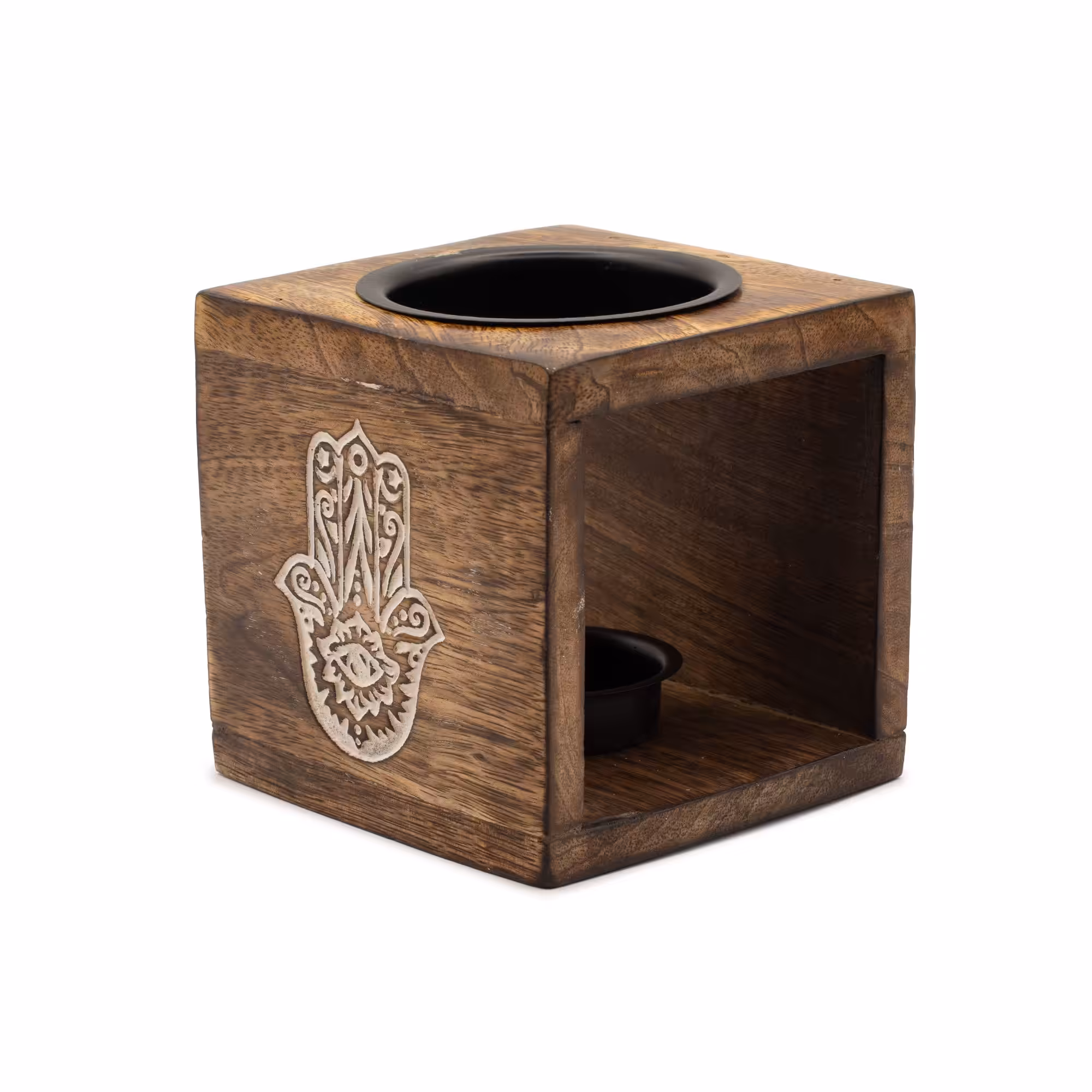 Square Mango Wood Oil Burner – Hamsa | www.artisangoods.co.uk 4 Square Mango Wood Oil Burner - Hamsa - Image 3