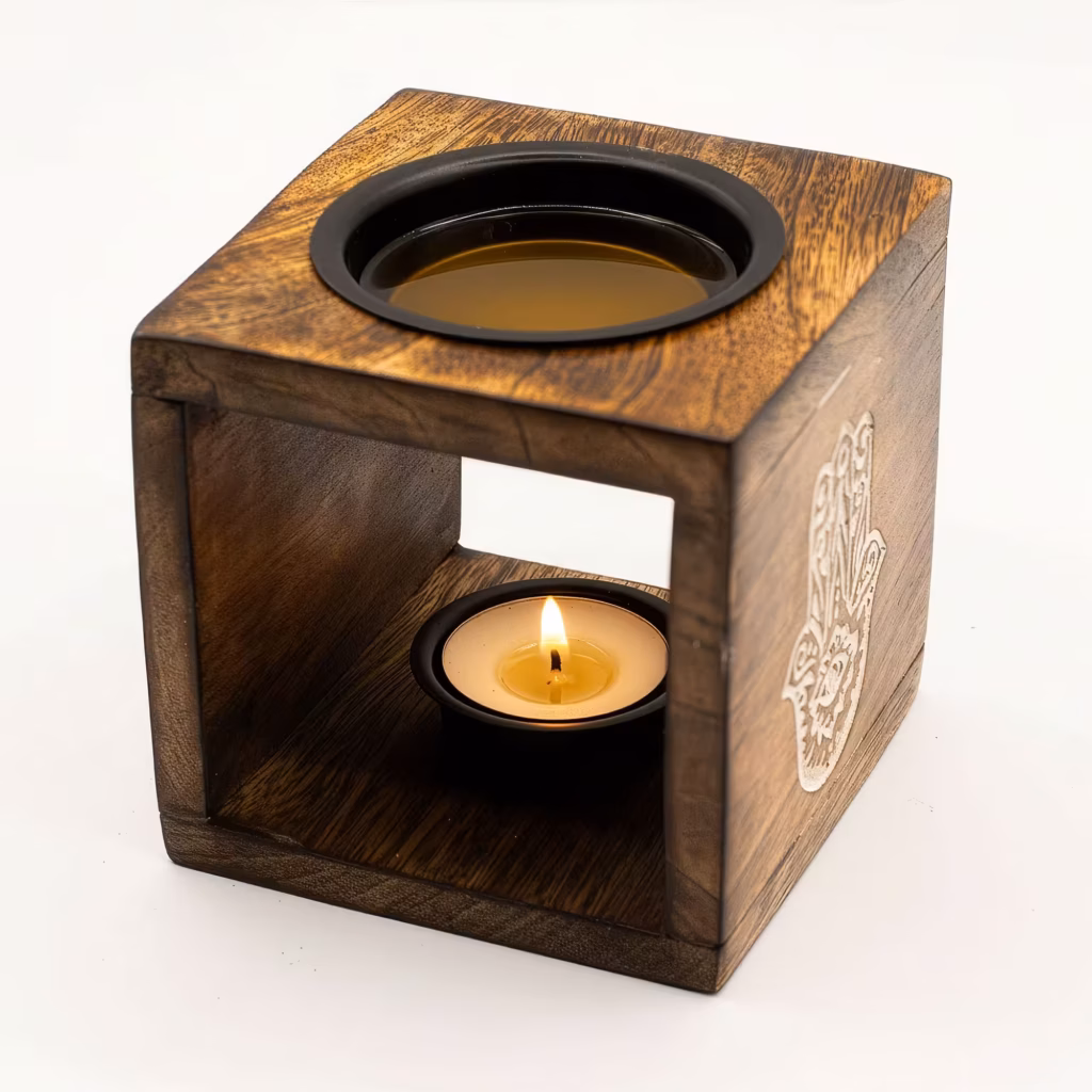 Square Mango Wood Oil Burner  – Hamsa | www.artisangoods.co.uk