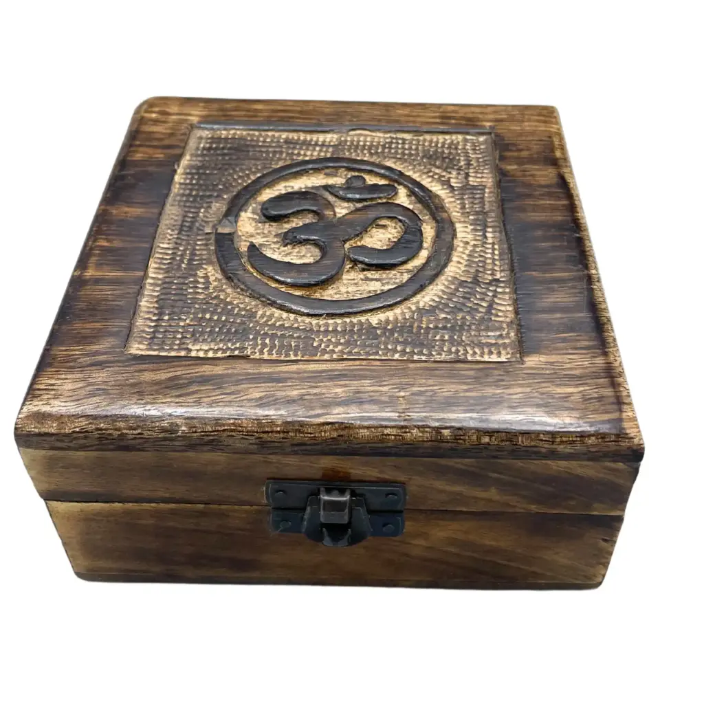 Square Wooden Keepsake Box 13x13x6cm – Om | www.artisangoods.co.uk