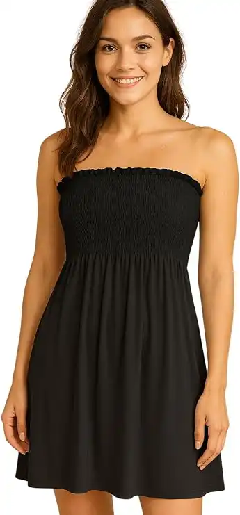 STAR FASHION Women's Strapless Ruched Bandeau Dress Midi Summer Beach