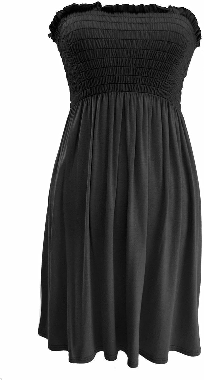 STAR FASHION Women's Strapless Ruched Bandeau Dress Midi Summer Beach