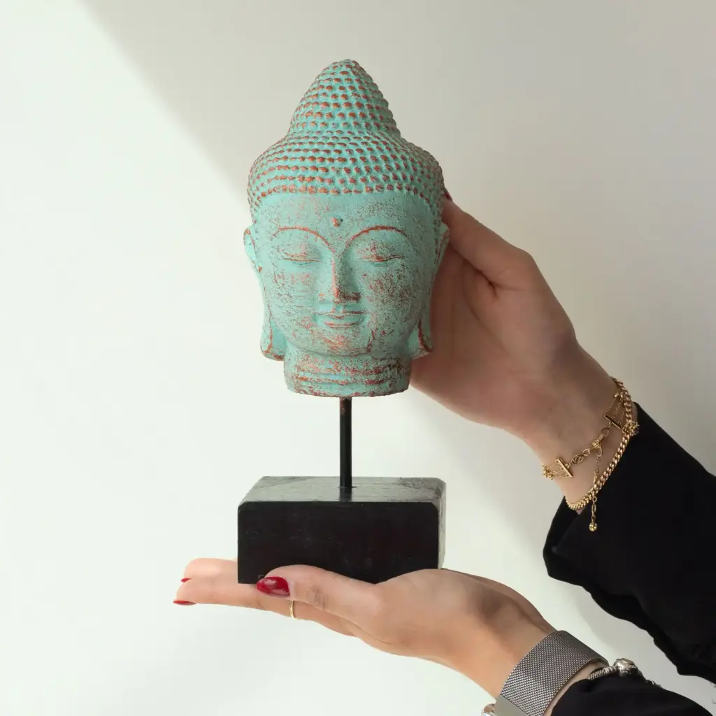 Stillness Buddha Head on Stand – Green Copper | www.artisangoods.co.uk 3