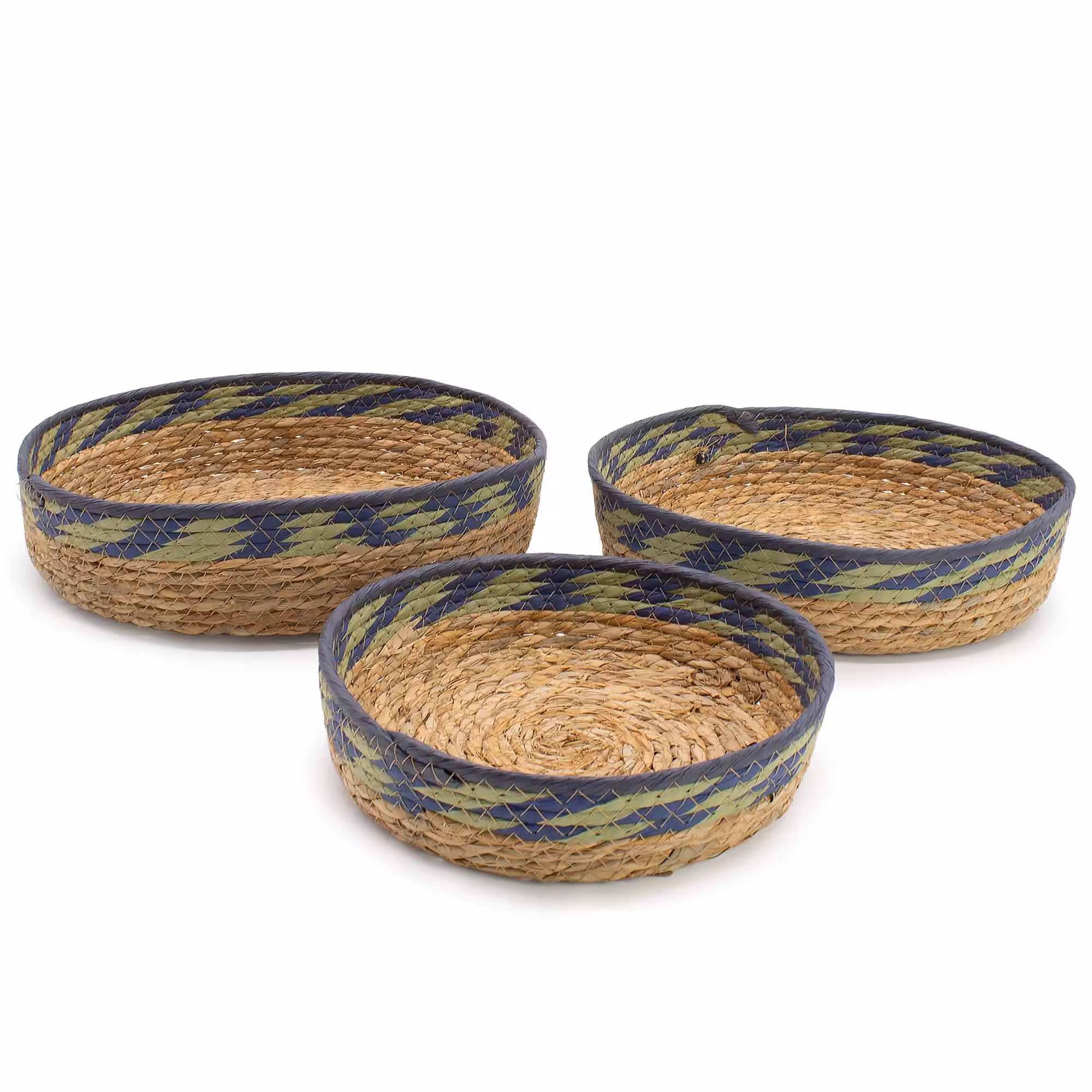 Straw & Seagrass Tray Baskets – Natural Green & Blue- Set of 3 | www.artisangoods.co.uk 2 Straw & Seagrass Tray Baskets - Natural Green & Blue- Set of 3