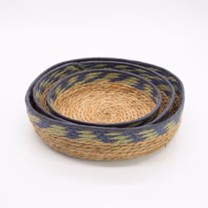 Straw & Seagrass Tray Baskets – Natural Green & Blue- Set of 3 | www.artisangoods.co.uk 2