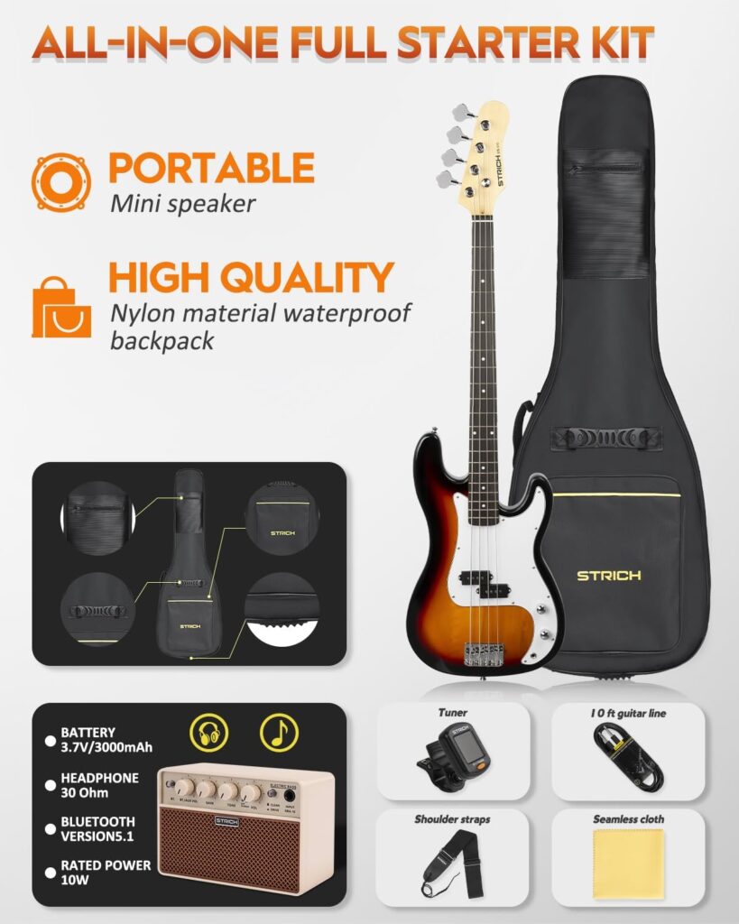STRICH 4-String Electric Bass Guitar Beginner Kit with Amp and