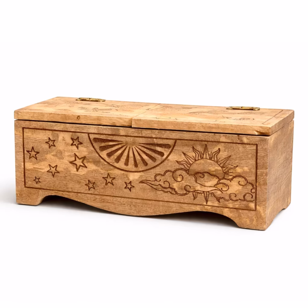 Sun & Moon Carved Sliding Box | www.artisangoods.co.uk