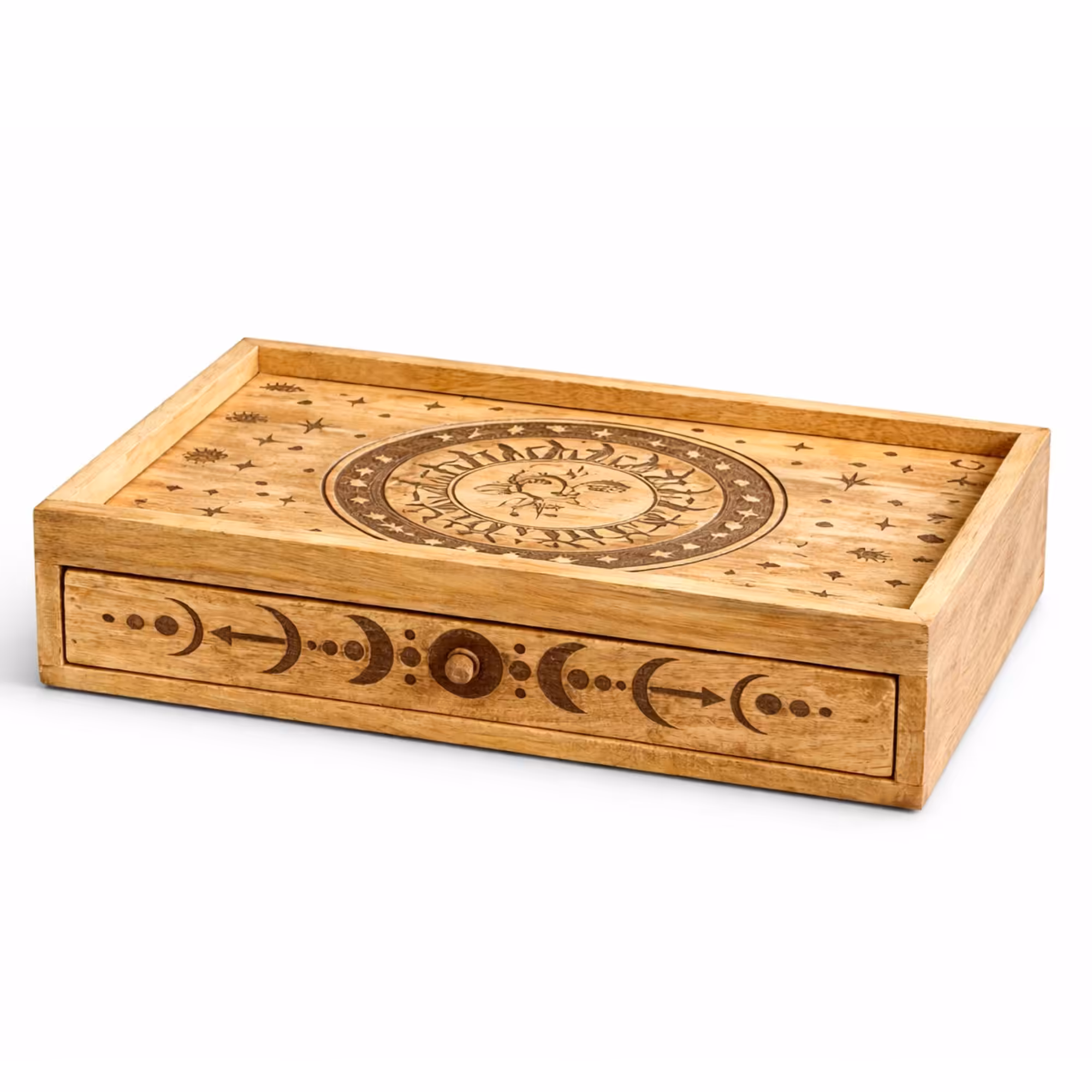 Sun Moon Carved Tarot Box with Drawer | www.artisangoods.co.uk 4 Sun Moon Carved Tarot Box with Drawer - Image 3