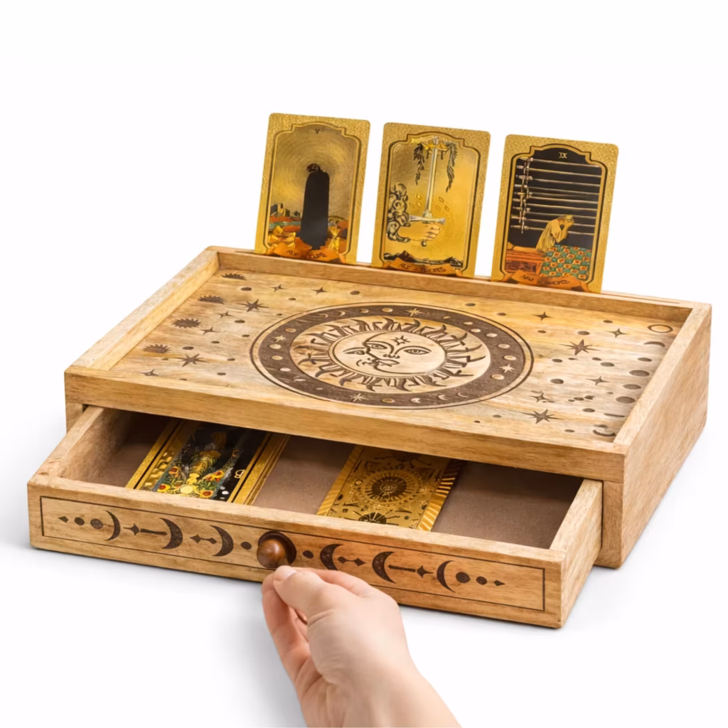 Sun Moon Carved Tarot Box with Drawer | www.artisangoods.co.uk
