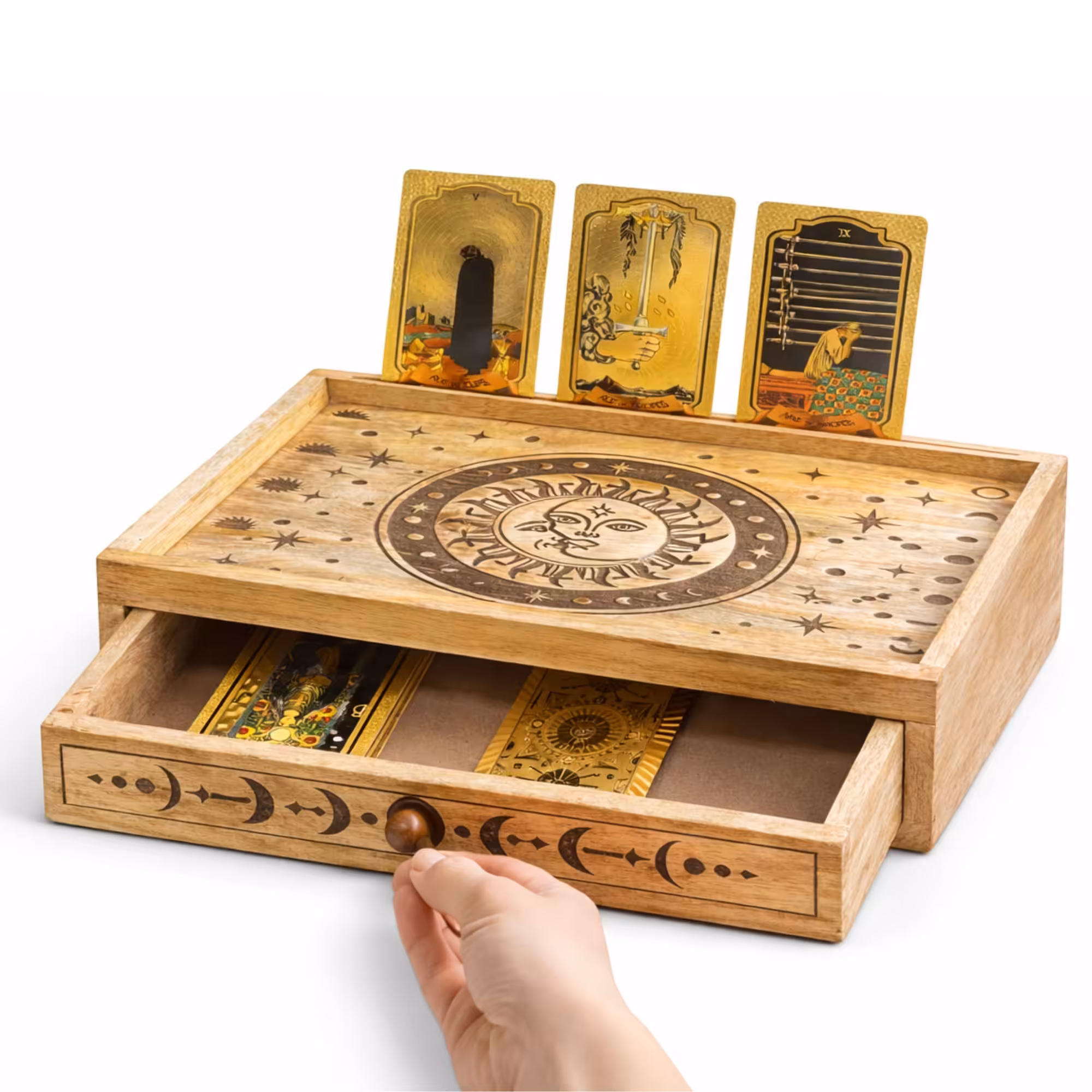 Sun Moon Carved Tarot Box with Drawer | www.artisangoods.co.uk 2 Sun Moon Carved Tarot Box with Drawer