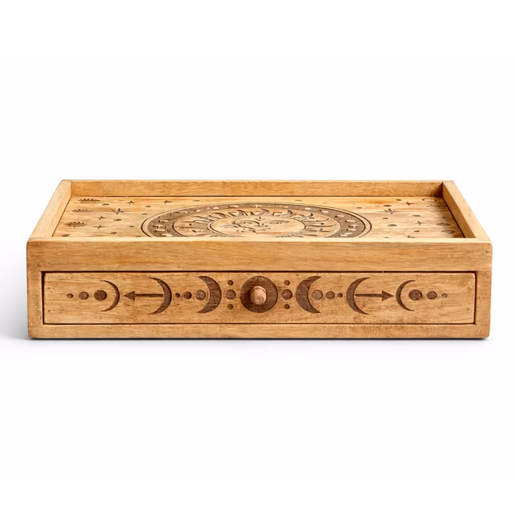Sun Moon Carved Tarot Box with Drawer | www.artisangoods.co.uk 5