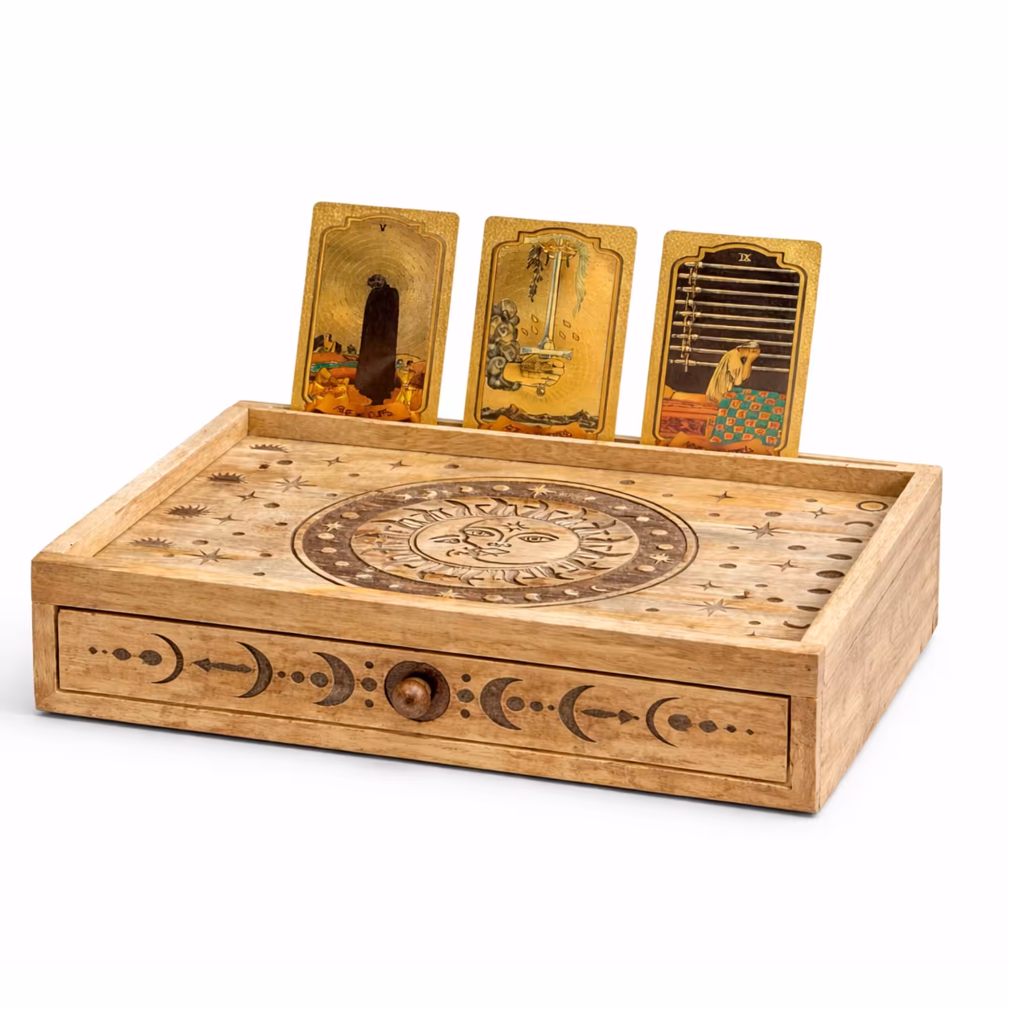 Sun Moon Carved Tarot Box with Drawer | www.artisangoods.co.uk 5 Sun Moon Carved Tarot Box with Drawer - Image 4