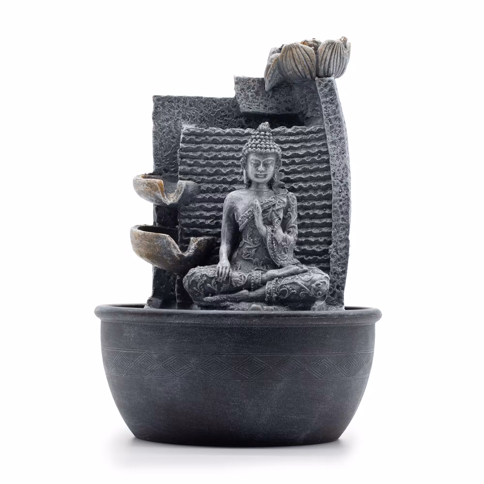 Tabletop Water Feature – 19x19x28cm – Buddha, Lotus Flower Cascading Potsx | www.artisangoods.co.uk 2 Tabletop Water Feature - 19x19x28cm - Buddha, Lotus Flower Cascading Potsx