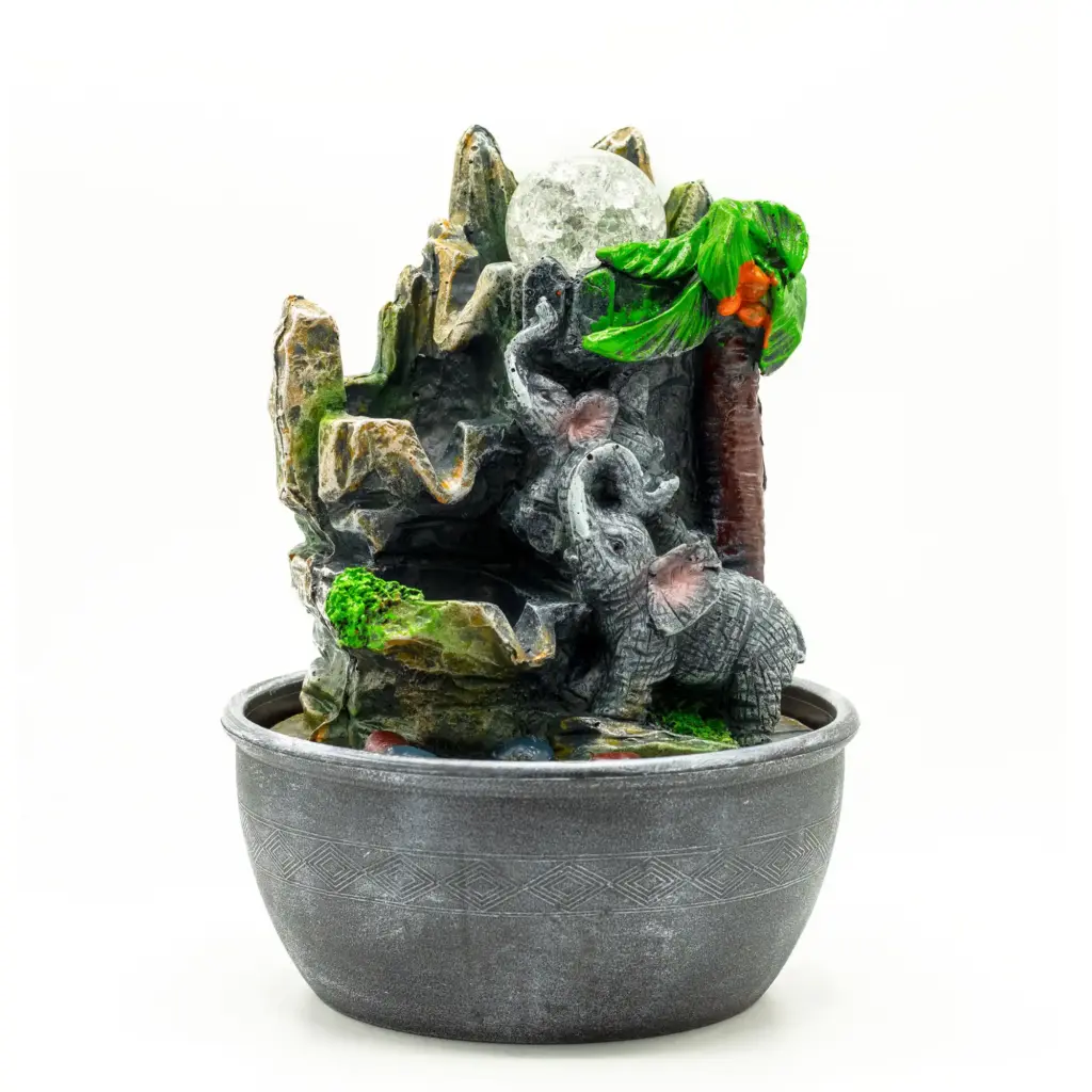Tabletop Water Feature – 25cm – Elephants & Palm Tree | www.artisangoods.co.uk