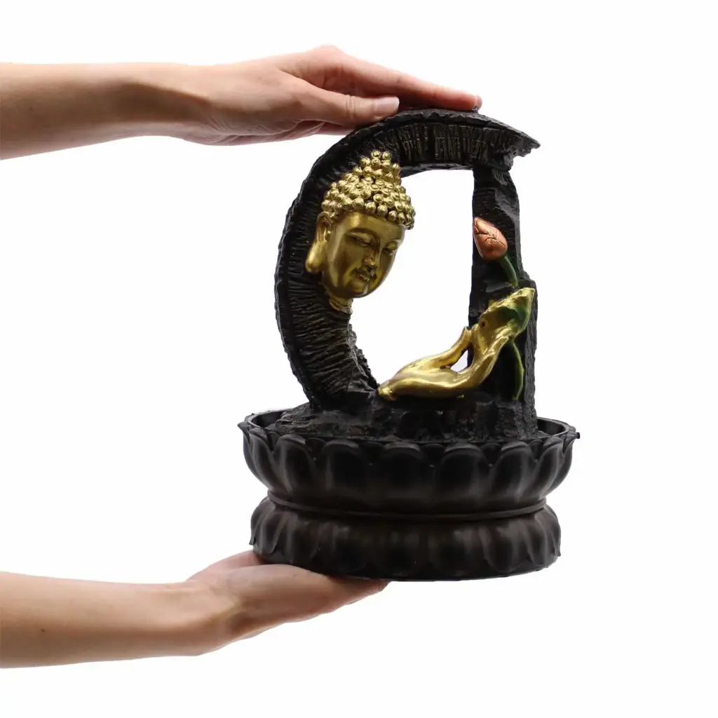 Tabletop Water Feature – 30cm – Golden Buddha & Lotus | www.artisangoods.co.uk