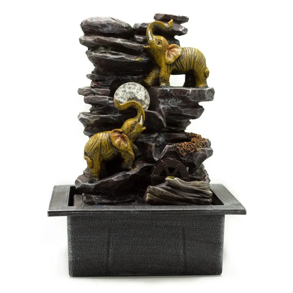 Tabletop Water Feature – 35cm – Elephants, Crystal Ball & Water Wheel | www.artisangoods.co.uk
