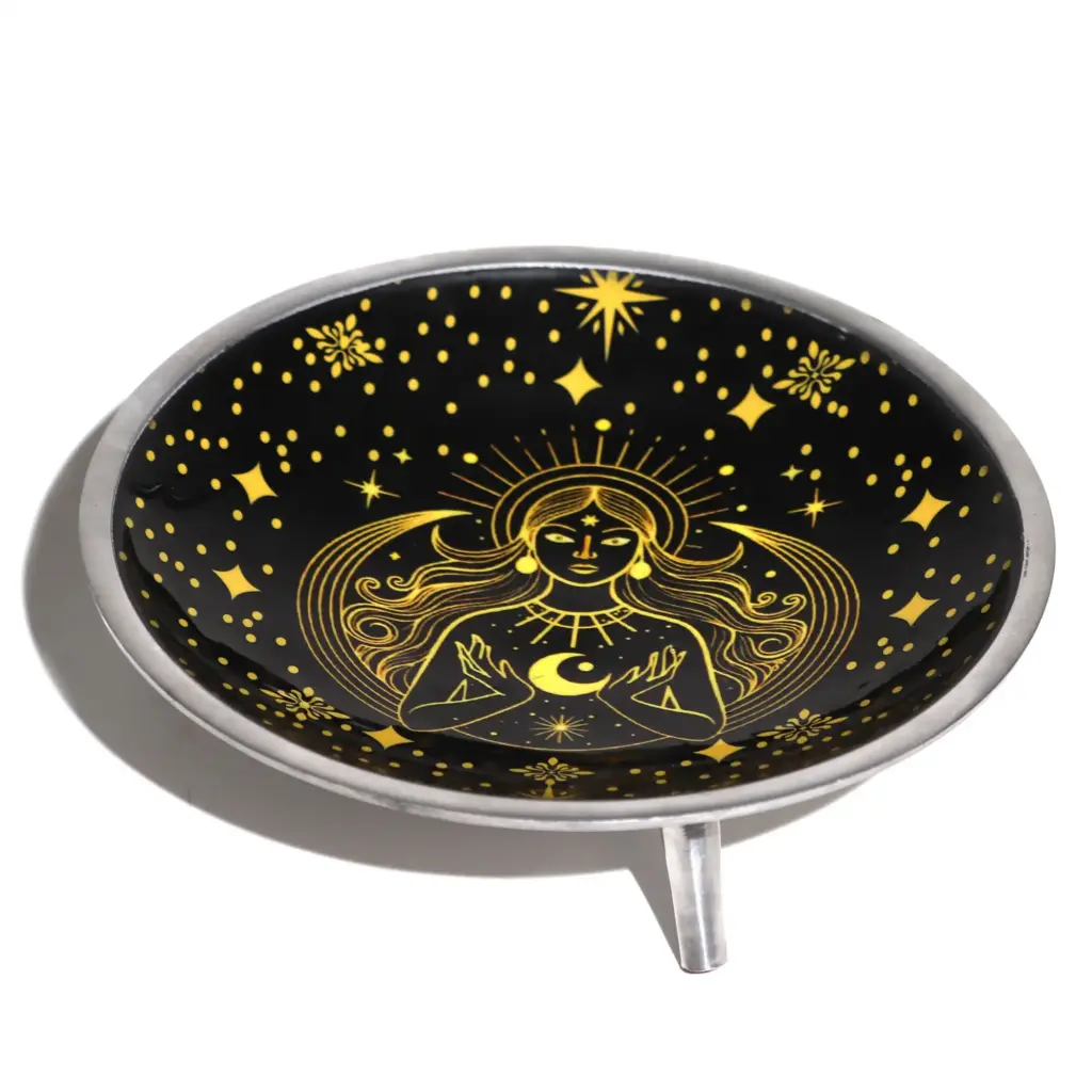 Triple Leg  Enamelled  Offering Plate – Gold Goddess on Black | www.artisangoods.co.uk