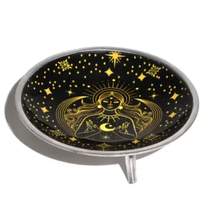 Triple Leg  Enamelled  Offering Plate - Gold Goddess on Black