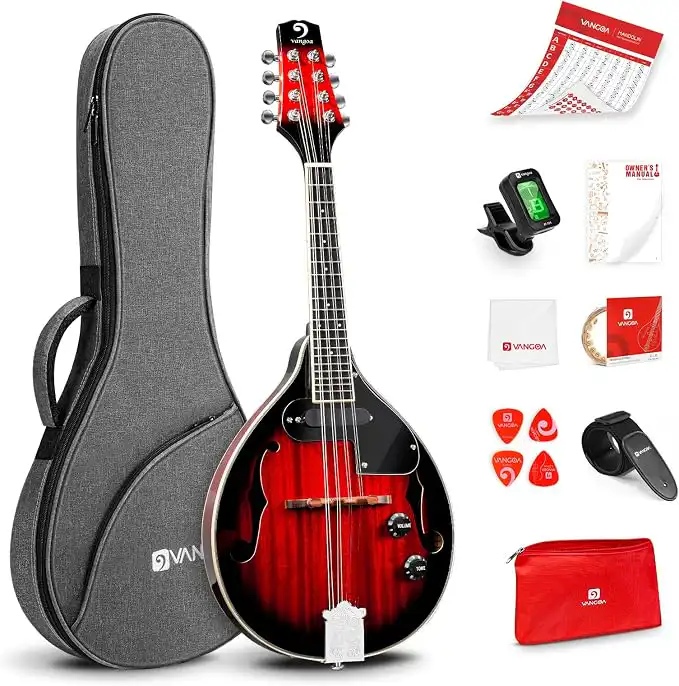Vangoa A Style Acoustic Electric Mandolin with Gig Bag Red Sunburst