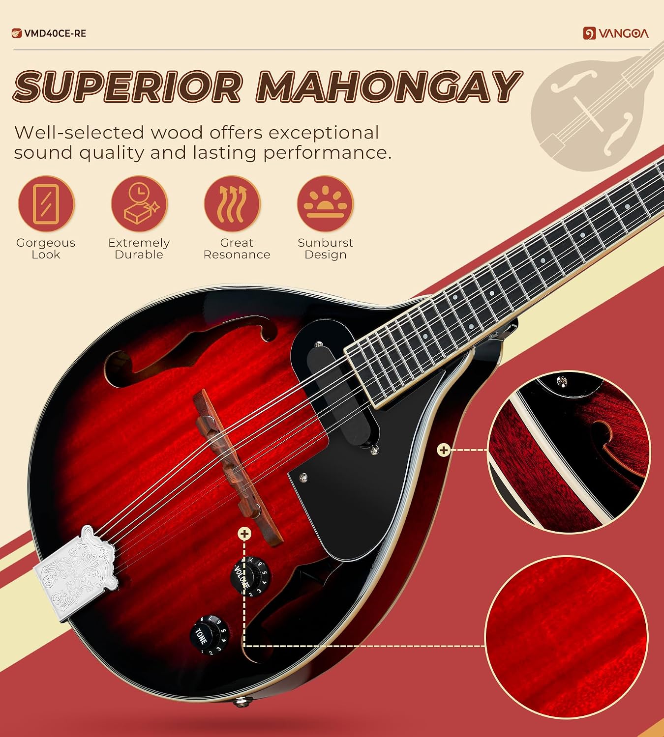 Vangoa A Style Acoustic Electric Mandolin with Gig Bag Red Sunburst