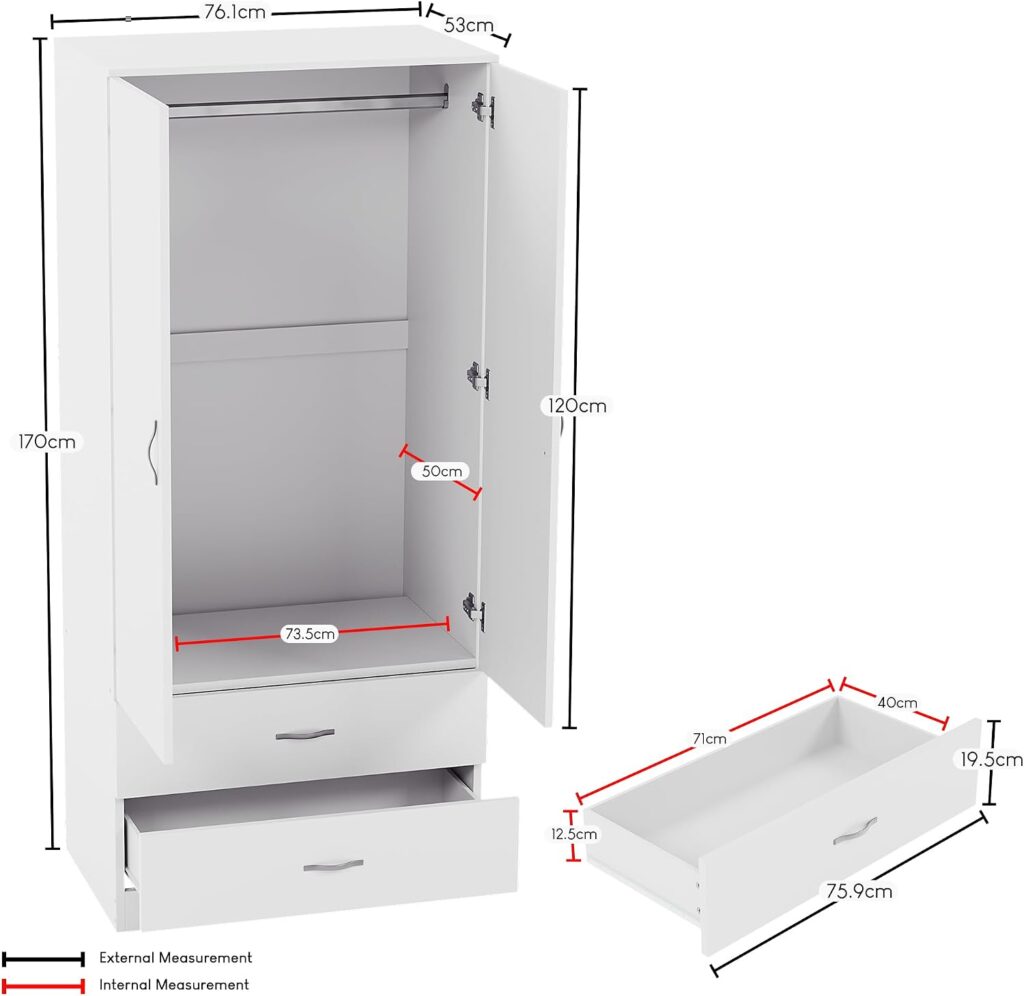 Vida Designs Riano 2 Door & 2 Drawer Wardrobe White 170H x 76 W x 53D