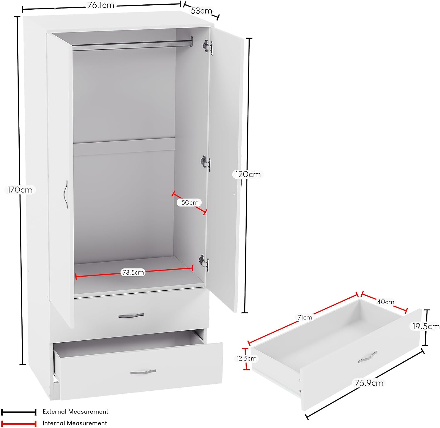 Vida Designs Riano 2 Door & 2 Drawer Wardrobe White 170H x 76 W x 53D