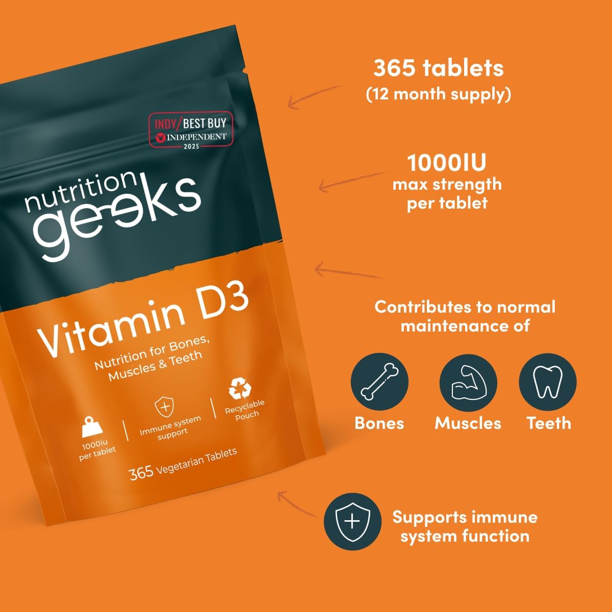 Vitamin D 1000iu - 365 Vegetarian D3 Tablets for Immune Support
