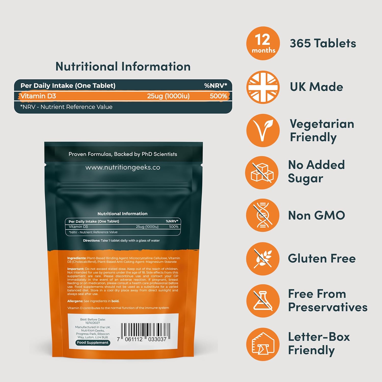 Vitamin D 1000iu - 365 Vegetarian D3 Tablets for Immune Support