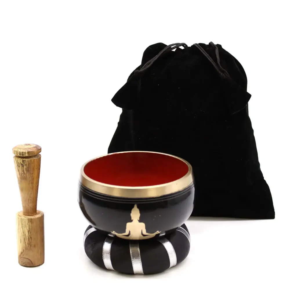 Buddha Singing Bowl Set- Black/Orange 10.7cm | www.artisangoods.co.uk 2