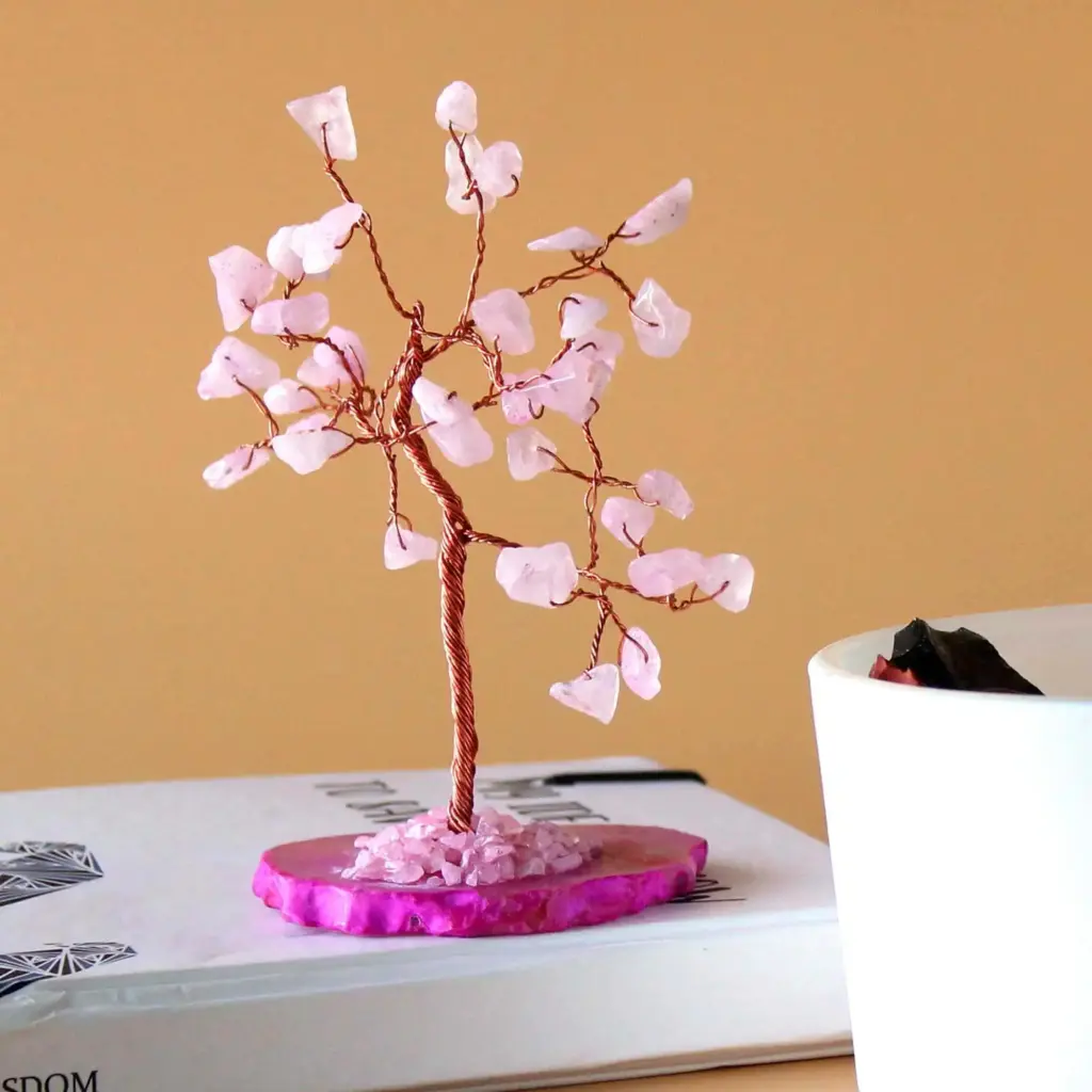 Gemstone Tree – Rose Quartz on Pink Agate Base (35 stones) | www.artisangoods.co.uk