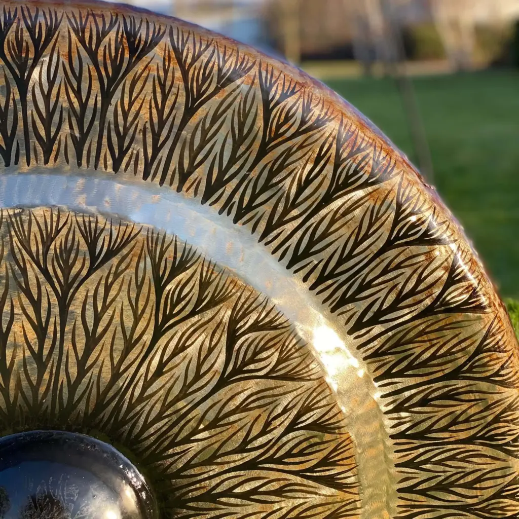 Large Gong in Brown Antique Stand – 80cm – Black – pattern | www.artisangoods.co.uk 2