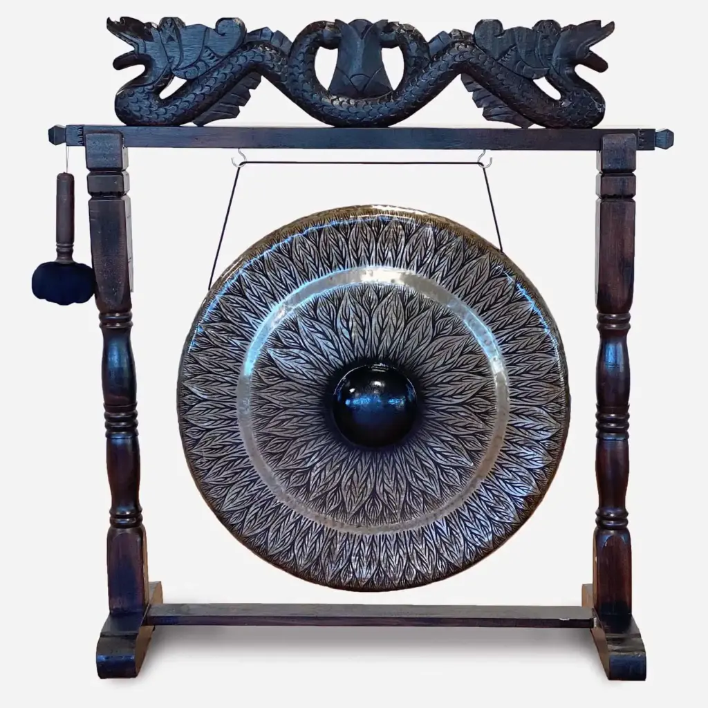 Large Gong in Brown Antique Stand – 80cm – Black – pattern | www.artisangoods.co.uk