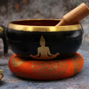 Lrg Buddha Singing Bowl Set- Black/Orange 14cm | www.artisangoods.co.uk 5