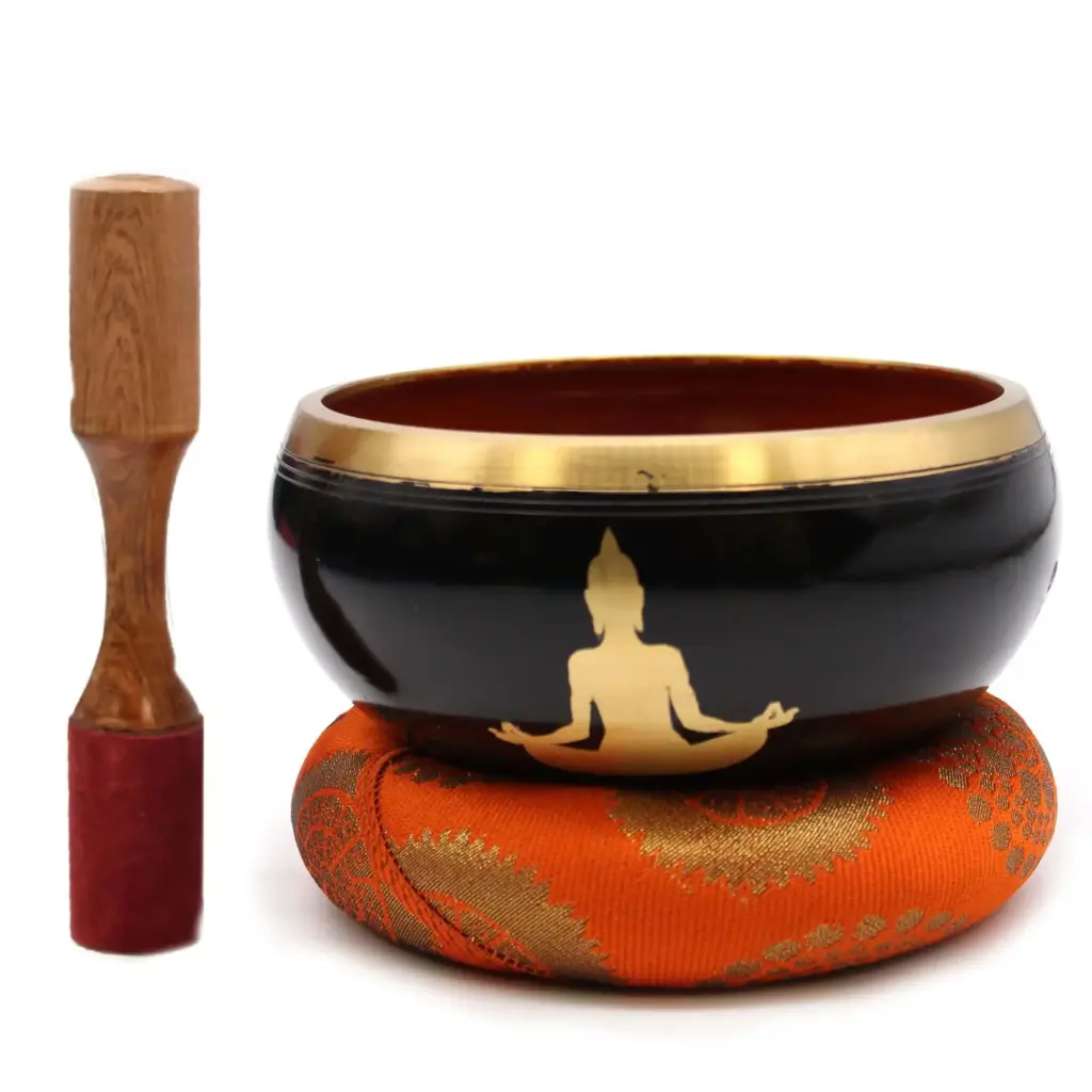 Lrg Buddha Singing Bowl Set- Black/Orange 14cm | www.artisangoods.co.uk
