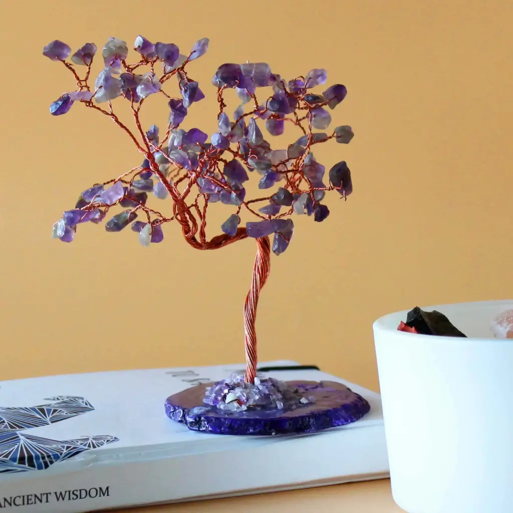 Lrg Gemstone Tree – Amethyst on Natural Agate Base (100 stones) | www.artisangoods.co.uk