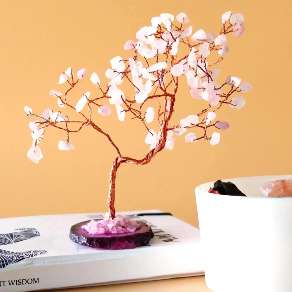 Lrg Gemstone Tree – Rose Quartz on Pink Agate Base (100 stones) | www.artisangoods.co.uk