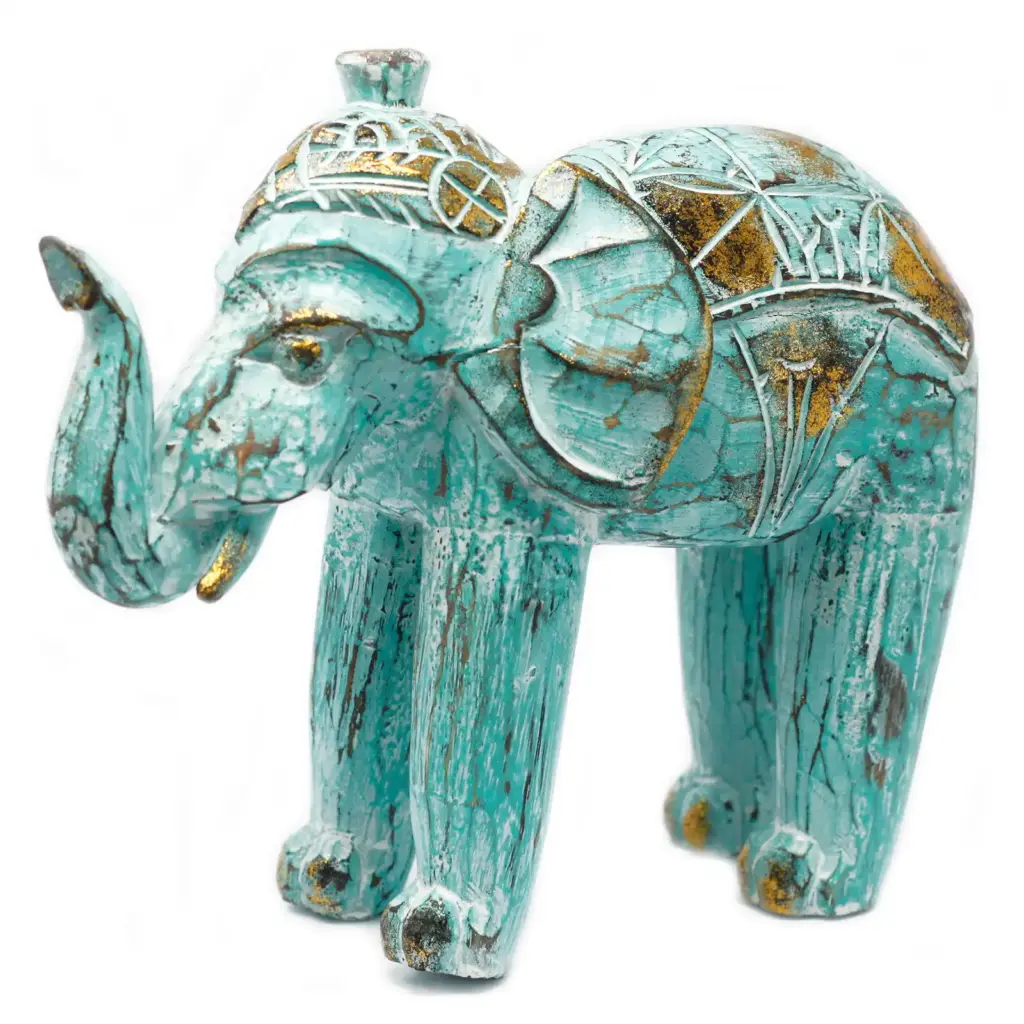 Wood Carved Elephant – Turquoise Gold | www.artisangoods.co.uk