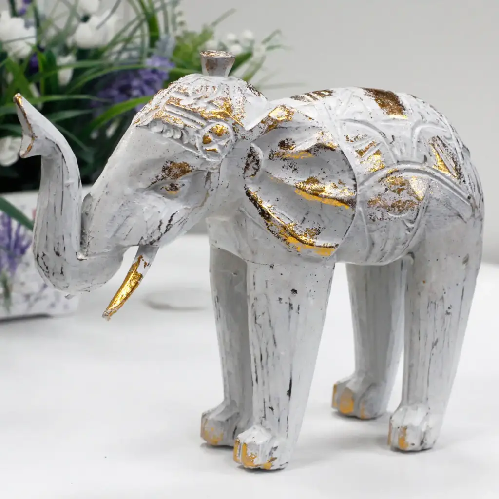 Wood Carved Elephant – White Gold | www.artisangoods.co.uk