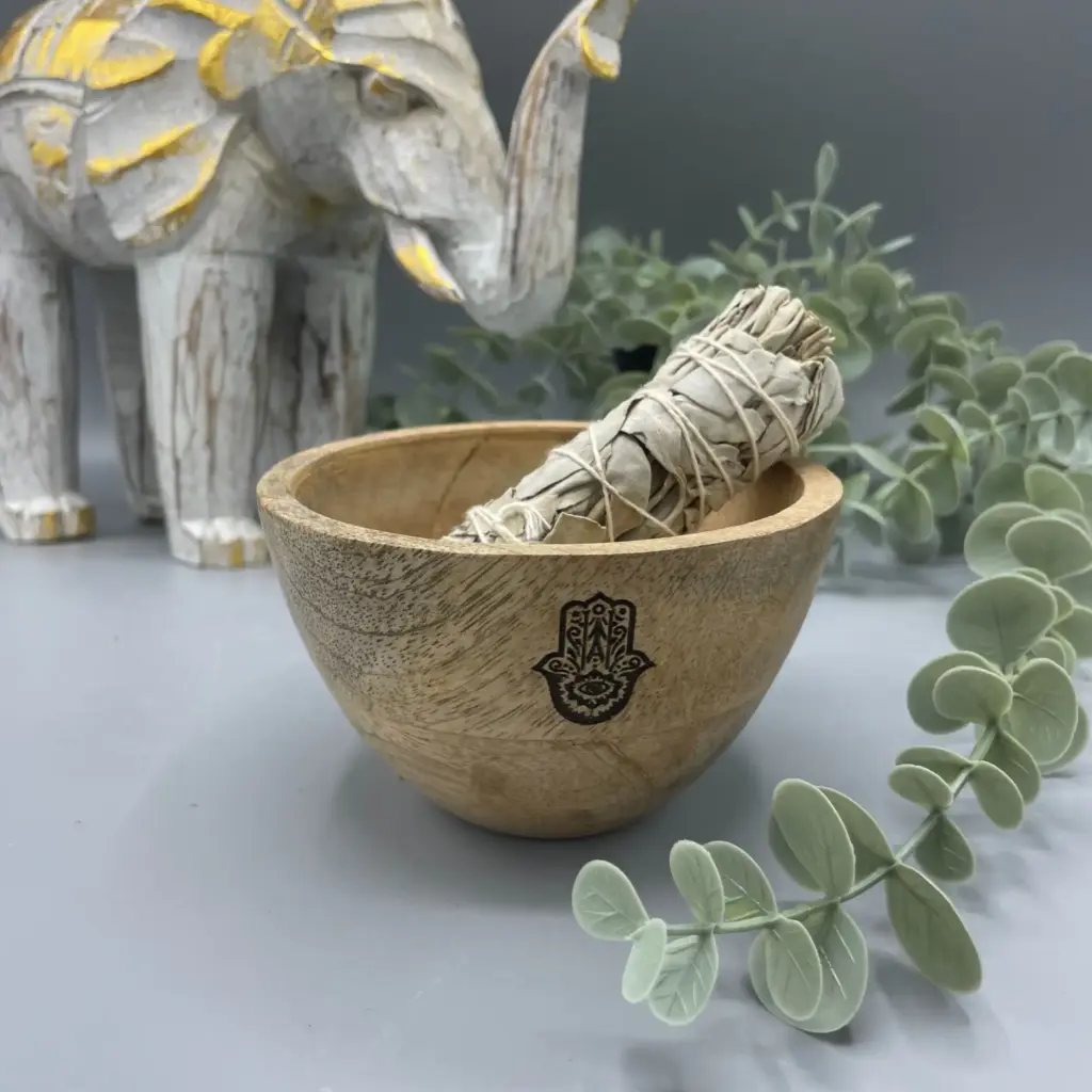 Wooden Smudge and Ritual Offerings Bowl – Hamsa – 11x7cm | www.artisangoods.co.uk